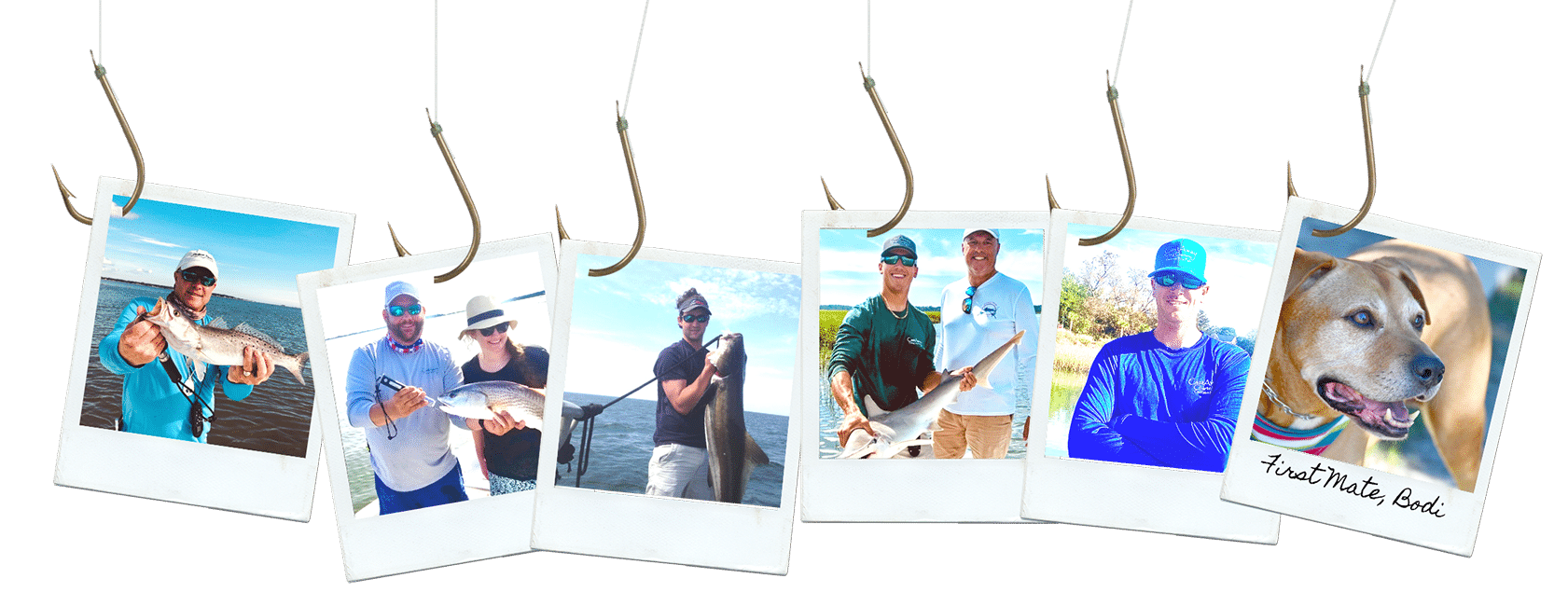 Five polaroid photos of Cast Away Fishing Captains holding fish hang from fishing hooks