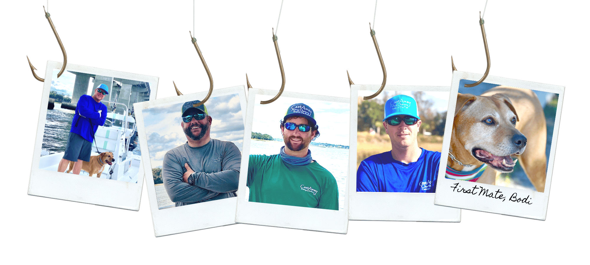 Five polaroid photos of Cast Away Fishing Captains holding fish hang from fishing hooks
