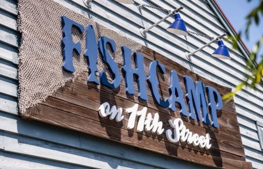 Fishcamp on 11th Sign to restaurant in Port Royal SC